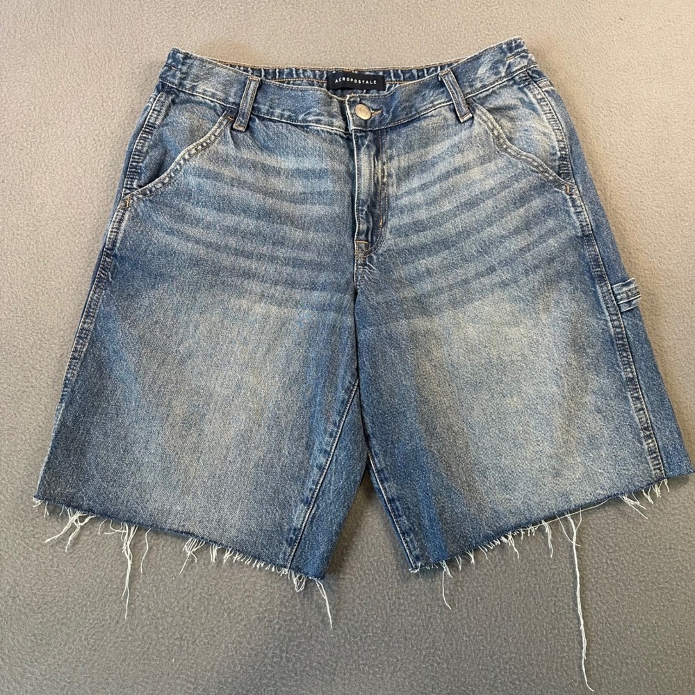 Aeropostale Baggy Jort Mens Medium Blue Denim Carpenter Shorts Raw Hem Cotton